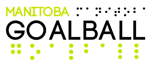Mantioba Goalball logo in green and black; Manitoba is smaller and spelled out in braille above the larger word goalball which has the corresponding braille letters underneath.