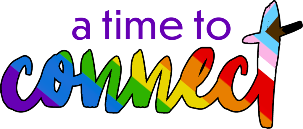 a time to connect logo - the time connect is in a brush stroke and filled with pride flag colours